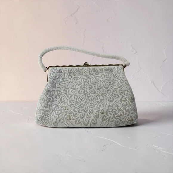 Vintage Josef Hand Beaded in France Floral Ivory Evening Bag Rhinestone Clasp - Picture 1 of 6